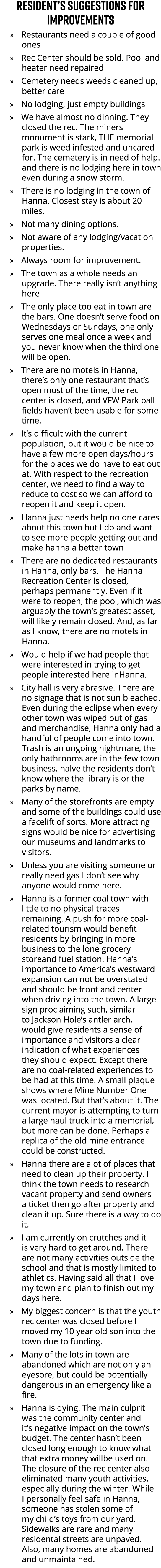 Resident’s Suggestions for Improvements » Restaurants need a couple of good ones » Rec Center should be sold. Pool an...