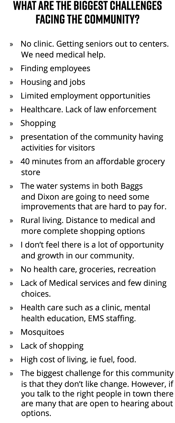 What are the biggest challenges facing the community? » No clinic. Getting seniors out to centers. We need medical he...